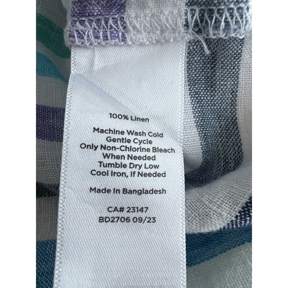 Talbots Puff Sleeve Split Neck Blouse 100% Linen Purple Blue Stripe XL - Picture 5 of 7